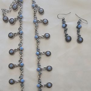 Silver tone and blue jewel necklace and earrings